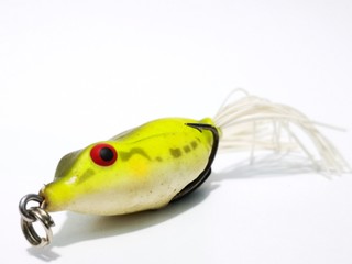 Closeup and macro shot of plastic artificial bait squid for fishing with white background.