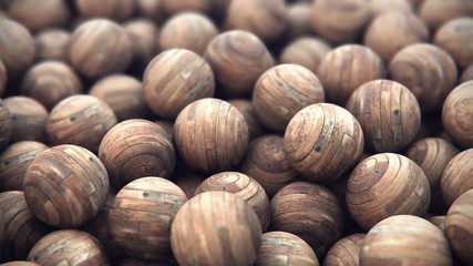 closeup 3D illustration of wooden spheres
