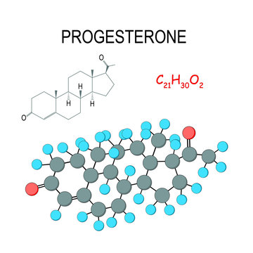 progesterone. Chemical structural formula and model of molecule. C21H30O2.