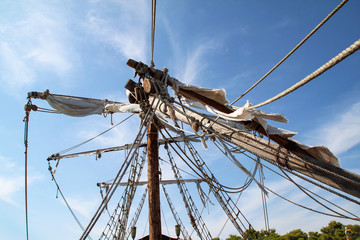 Broken sails on an old pirate ship