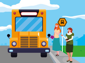 female teachers couple in stop bus characters