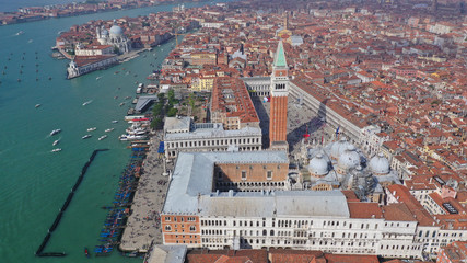 Aerial drone photo of iconic and unique Campanile in Saint Mark's square or Piazza San Marco,...