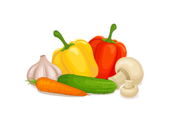 Composition of seasonal vegetables isolated on white background. Vector still life. Proper healthy food.