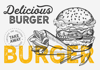 Burger illustration for food restaurant and truck on vintage background. 