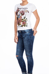 Naklejka premium female fashion, woman in patterned shirt and jean photo on white background