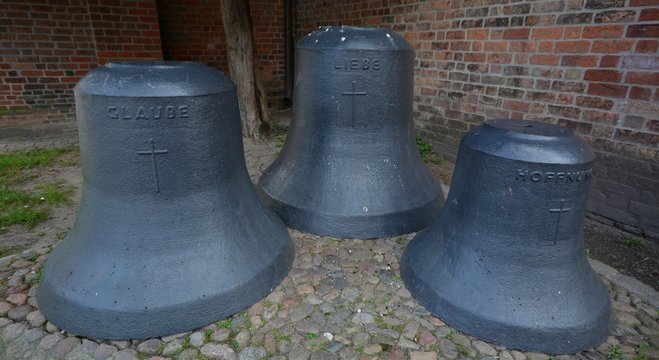 Church bells placed by the Evangelical Church of St. Jacobi in Nauen (Brandenburg) on April 19, 2016, Germany 