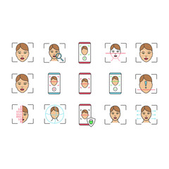 Facial recognition color icons set
