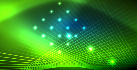 Neon glowing techno lines, blue hi-tech futuristic abstract background template with lights