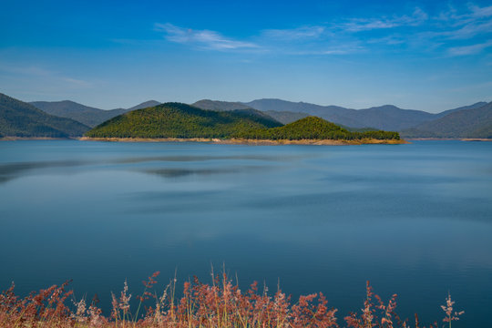 Mae Kuang Dam Lookout Point blue water green hills landscape, Chiang Mai, Thailand