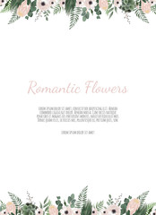 Card with flower rose, leaves. Wedding ornament concept. Floral poster, invite.