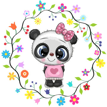 Cute Cartoon Panda girl in a flowers frame