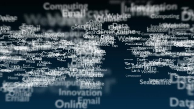 Deep blue background with different words, which deal with internet. Close up. Copy space. 3D. Animation.