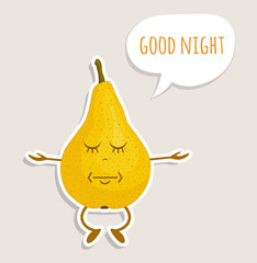 Cute cartoon character pear wishes good night. Sleeping pear. Vector banner. Sticker.
