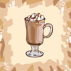 Glass cup of hot cocoa with marshmallows and chocolate topping for children. Colorful vector illustration in sketch style. Hand drawn image for menu and poster design with fresh drink.