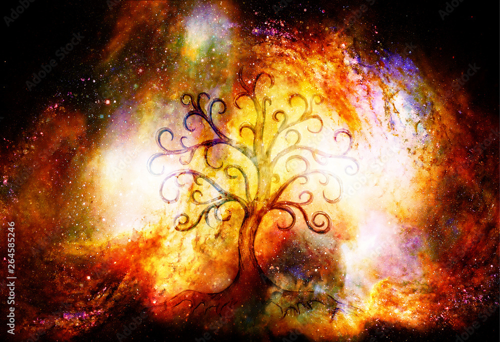 Poster tree of life symbol on structured and space background, yggdrasil.