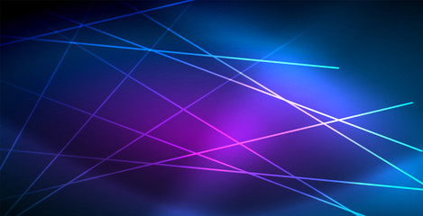 Neon glowing techno lines, blue hi-tech futuristic abstract background template with lights