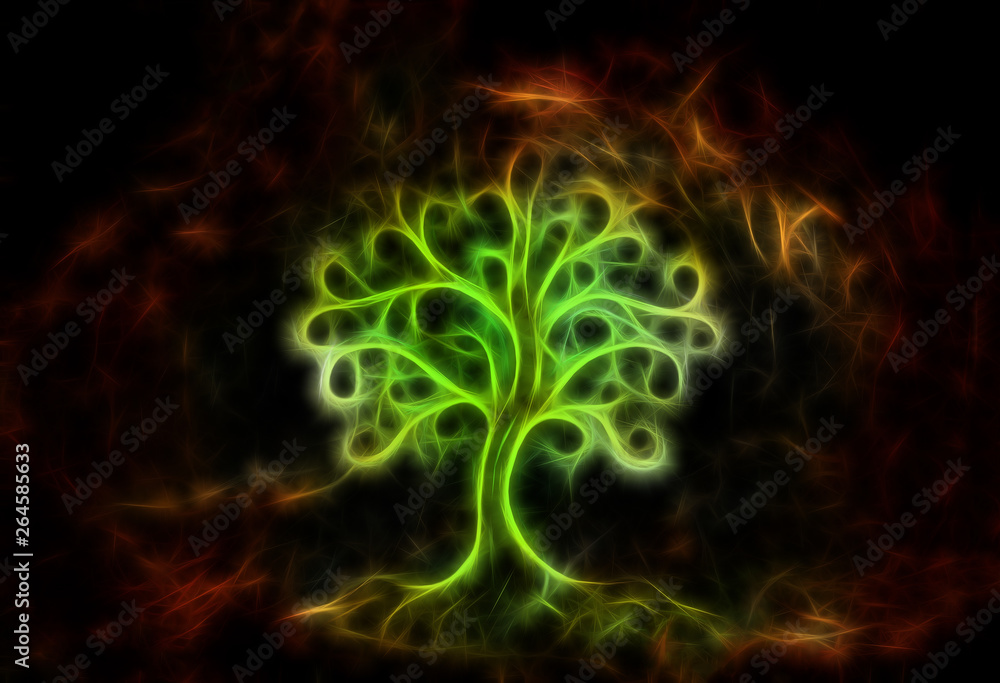 Poster tree of life symbol on structured ornamental background, yggdrasil. Fractal effect.