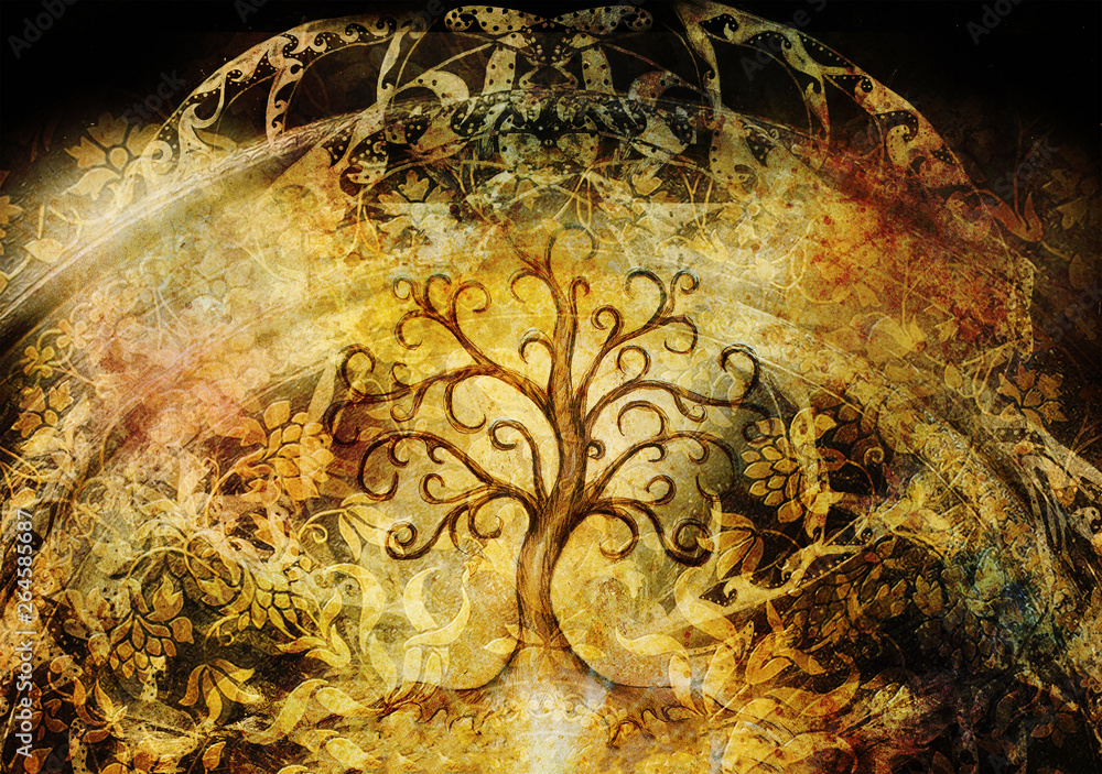 Poster tree of life symbol on structured background, yggdrasil.