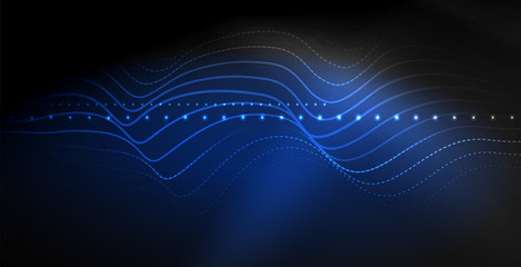 Glowing abstract wave on dark, shiny motion, magic space light. Techno abstract background