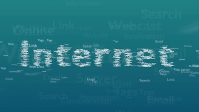 Light blue background with different words, which deal with internet. Close up. Copy space. 3D. Animation.