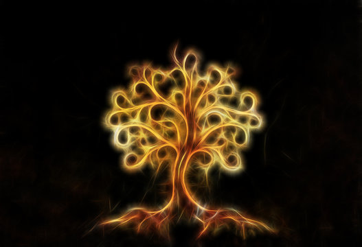 tree of life symbol on structured ornamental background, yggdrasil. Fractal effect.