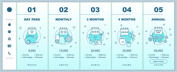 Fitness and health  center membership onboarding mobile app screens with service prices