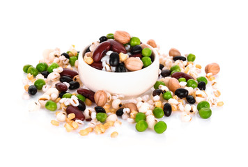 Cereals, seeds, beans on white background