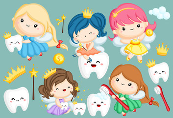 a vector set of many tooth fairy in different colors