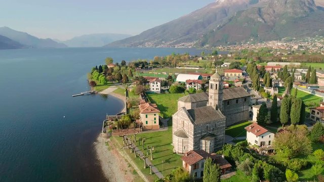 Aerial 4K - Gravedona - Lago di Como - Italy - Chiesa di S. Maria del Tiglio (sec. XII)