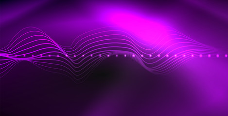 Glowing abstract wave on dark, shiny motion, magic space light. Techno abstract background