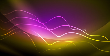 Glowing abstract wave on dark, shiny motion, magic space light. Techno abstract background