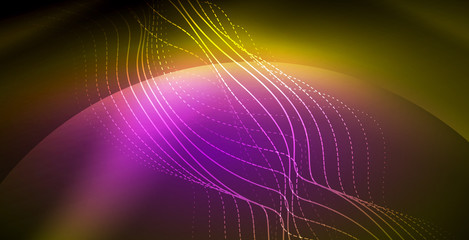 Glowing abstract wave on dark, shiny motion, magic space light. Techno abstract background