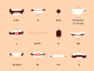 Cartoon talking mouth and lips expressions vector animations poses. Accent and pronunciation speak, tongue and articulate illustration