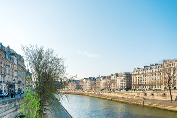 PARIS, FRANCE - APRIL 22, 2019: Street view of river Seine in Paris city, France.
