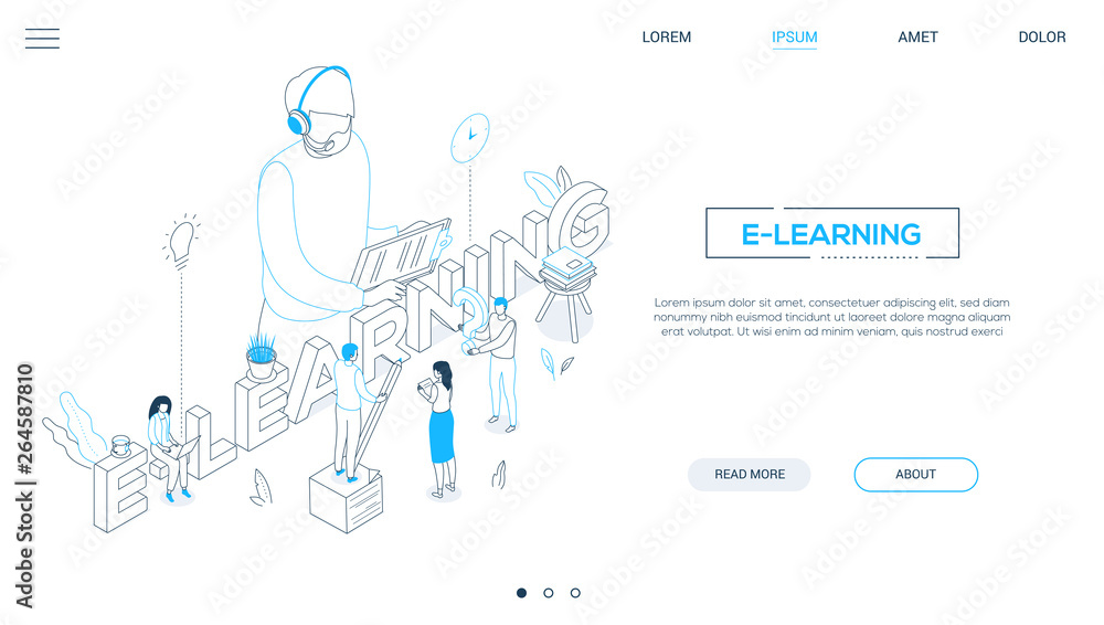 Poster e-learning concept - line design style isometric web banner
