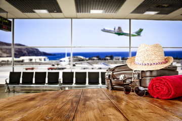 Suitcase on airport and summer travel time 