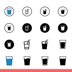 Water glass icon set, cup symbol collection. Simple, flat design on white background
