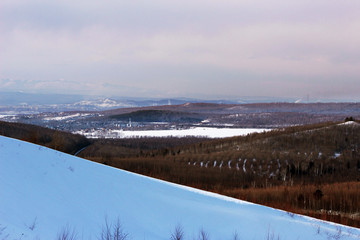 winter landscape with frozen lake and blue sky