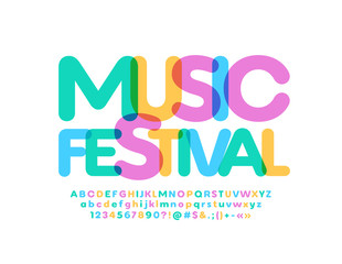 Vector colorful poster Music Festival. Transparent bright flat Font. Creative Alphabet Letters, Numbers and Symbols 