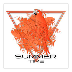 Summer background, banner, print. Palm leaves and parrot on white background. 3D vector illustration for t shirt design. Paper cut out art style.