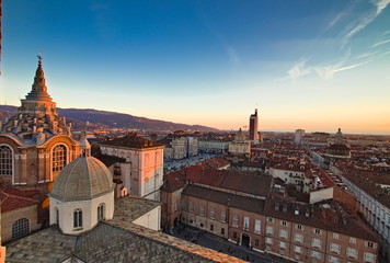 Aerial view from the Cathedral bell tower on the center of Turin at sunset in autumn