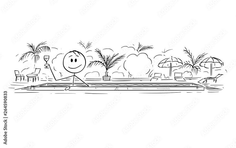 Wall mural cartoon stick figure drawing conceptual illustration of man enjoying summer swimming in pool with dr