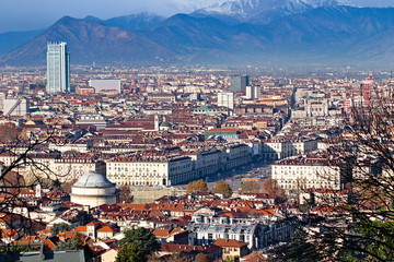 Panoramic aerial view on Vittorio Veneto square, Turin city center, Piedmont, Italy, with Mole Antonelliana 