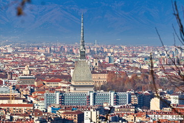 Fototapeta premium Panoramic aerial view on Vittorio Veneto square, Turin city center, Piedmont, Italy, with Mole Antonelliana 