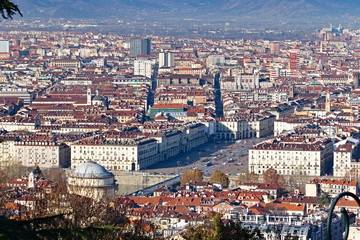Obraz premium Panoramic aerial view on Vittorio Veneto square, Turin city center, Piedmont, Italy, with Mole Antonelliana 