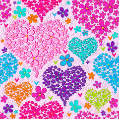 Valentine seamless pattern with colorful floral hearts