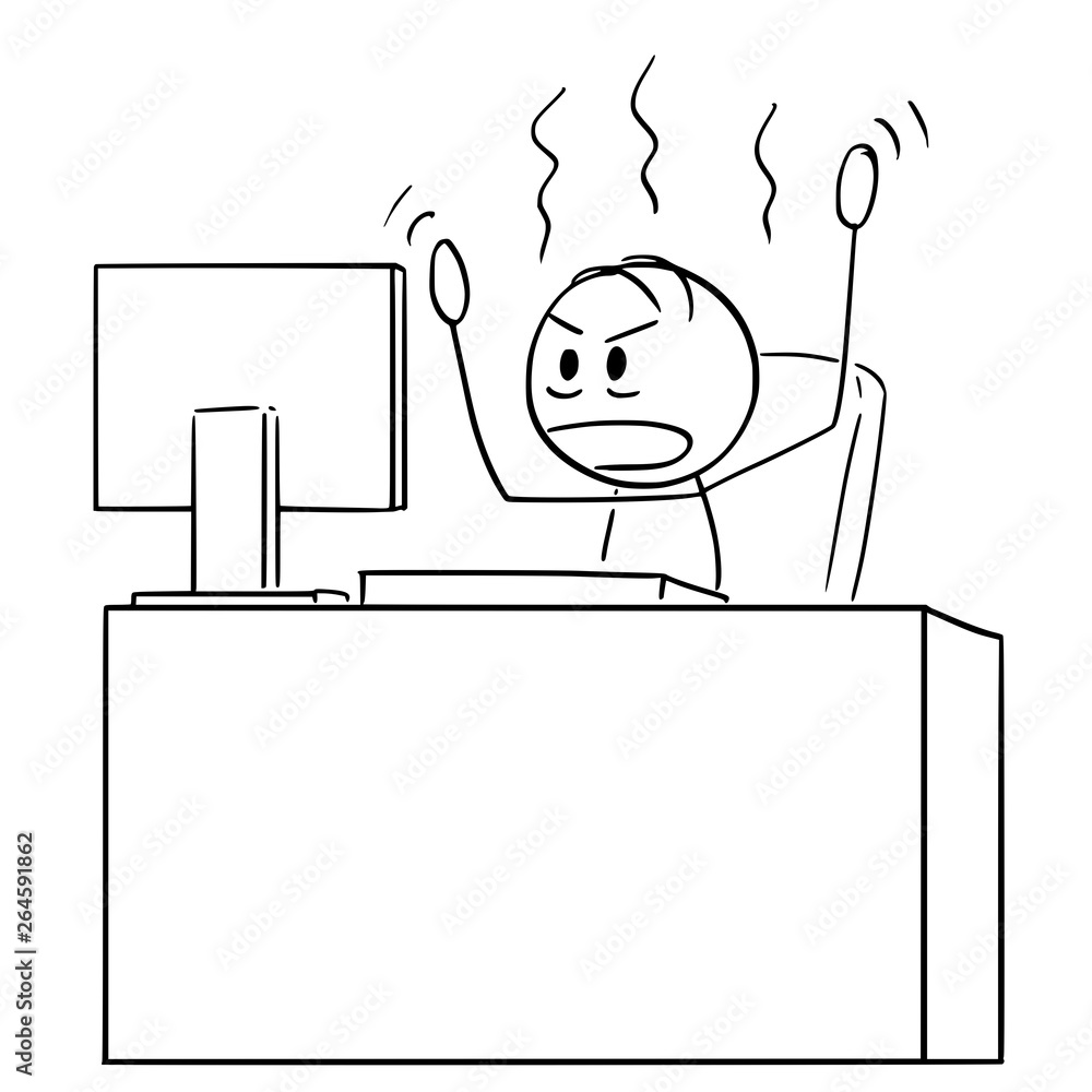 Poster cartoon stick figure drawing conceptual illustration of angry man or businessman working in office o