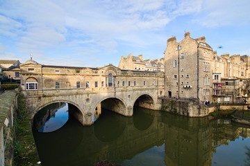Pulteney Bridge crosses the River Avon in Bath, Somerset, England. It was completed by 1774. The...