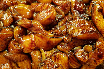 Fresh raw meat marinated in soy sauce. Preparation for delicious food cooking.  Top view.