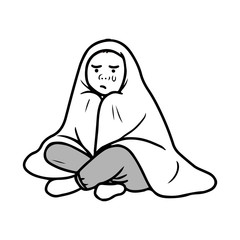 毛布にくるまって涙を流す